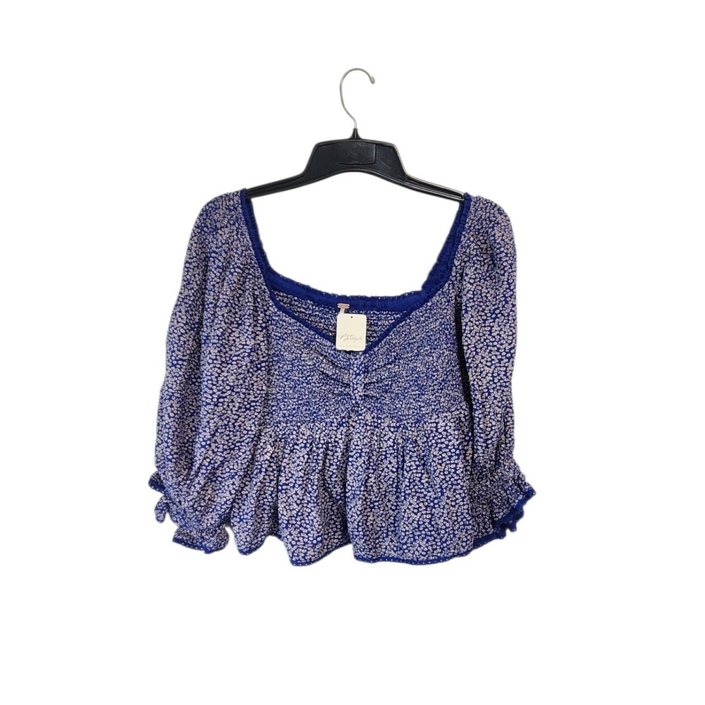 Free People Women's Blue Floral Print crop Smocked Peplum Blouse Top NWT